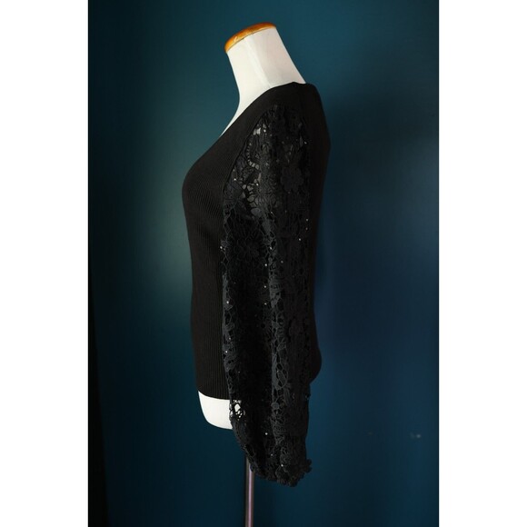 NWT French Connection Black Loa Joss Sequin Balloon Lace Sleeve V Neck Sweater - Picture 8 of 11